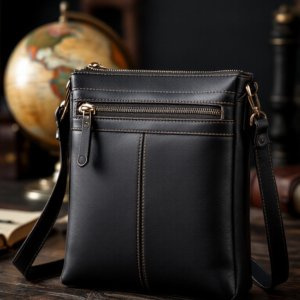 a black crossbody leather bag with front zipper
