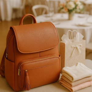 a brown diaper leather backpack in a baby care center