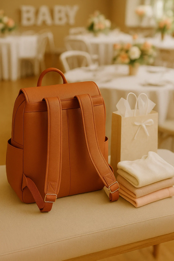 backside of a brown diaper leather backpack in a baby care center