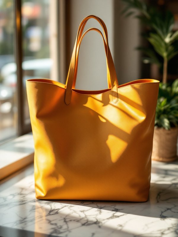 mustard tote bag in leather placed on shelf