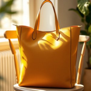mustard tote bag in leather placed on the chair