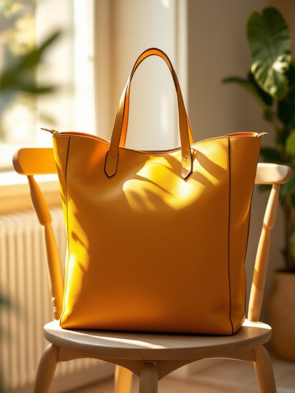 mustard tote bag in leather placed on the chair