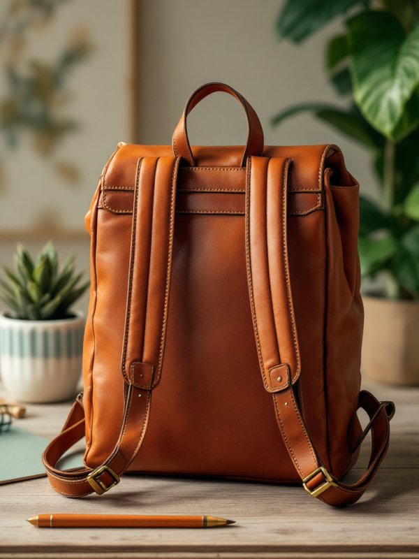 brown leather backpack's backside on the table