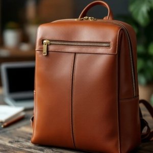 brown leather backpack placed on a wooden table