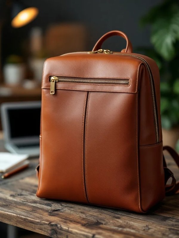 brown leather backpack placed on a wooden table