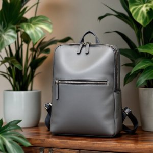 grey colored vegan leather backpack placed on the table