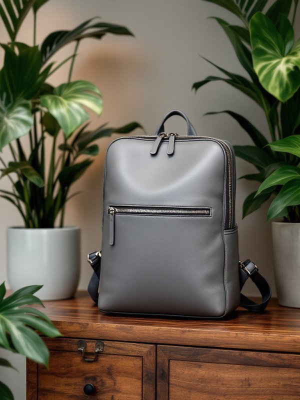grey colored vegan leather backpack placed on the table