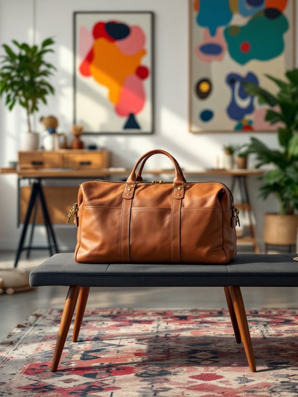 backside of the brown duffle bag in the room