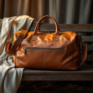 brown duffle bag on a table