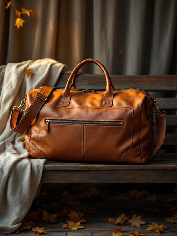 brown duffle bag on a table