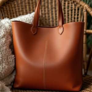brown leather tote bag on chair