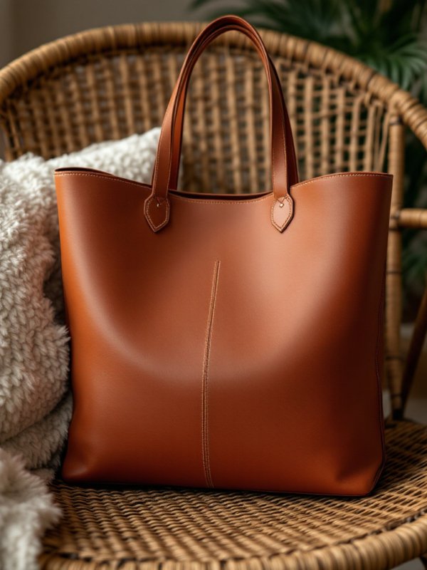 brown leather tote bag on chair