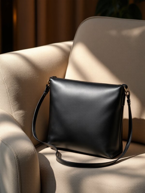 back side of black leather crossbody bag