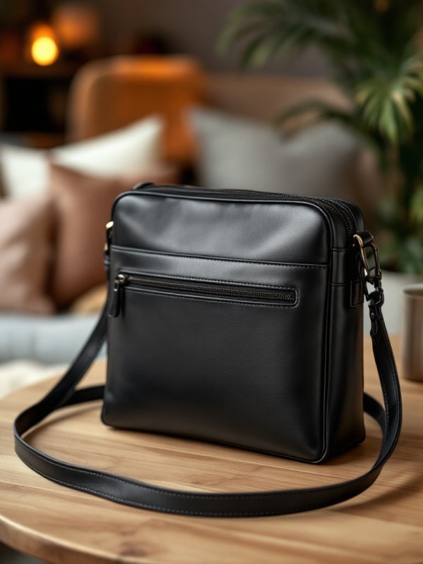 black leather crossbody bag with a zipper