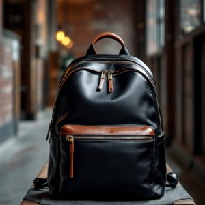 black leather backpack on table with brown accents