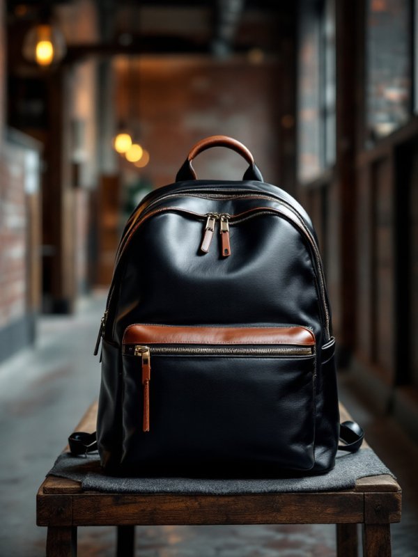 black leather backpack on table with brown accents