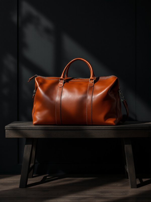 brown leather duffle bag with a fine stitching