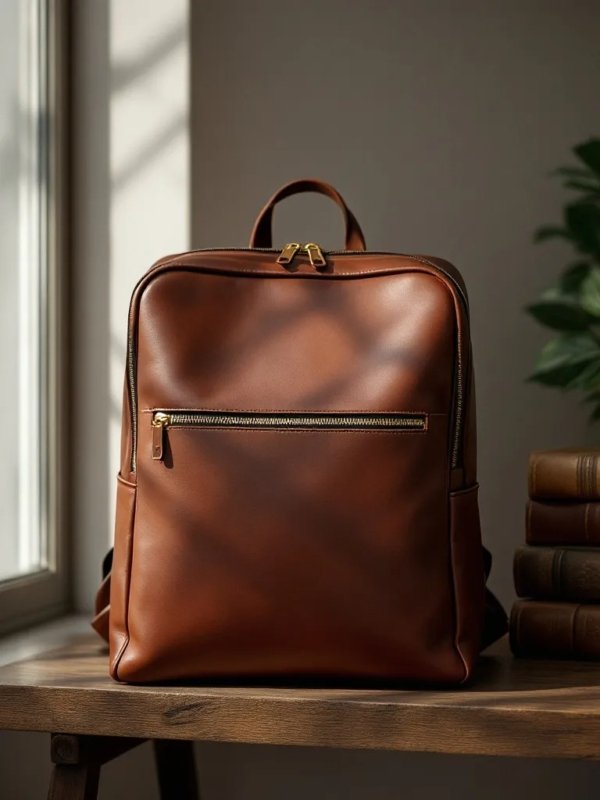 brown backpack on the table