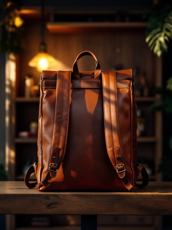 backside of brown leather backpack with strips