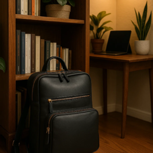 black leather convertible backpack sits near book shelf