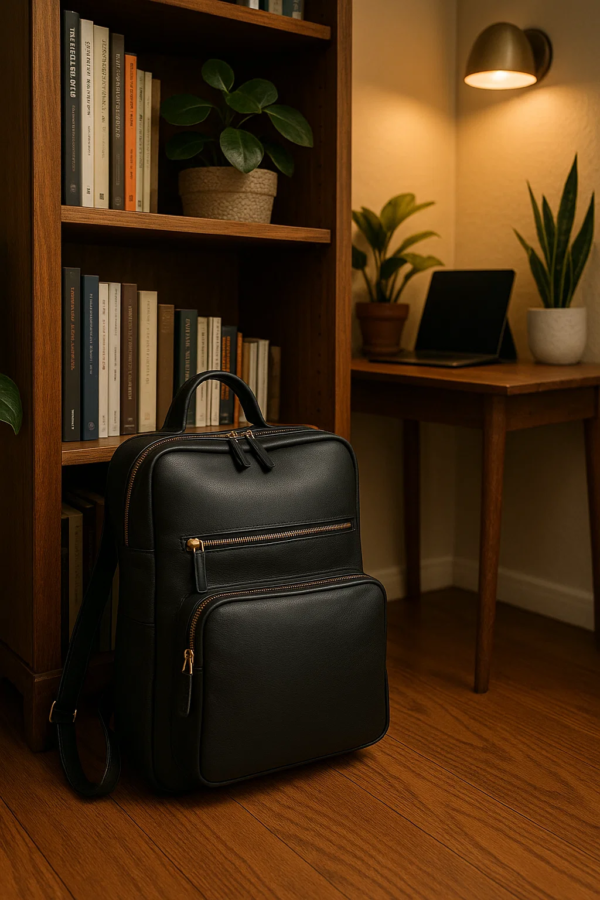 black leather convertible backpack sits near book shelf