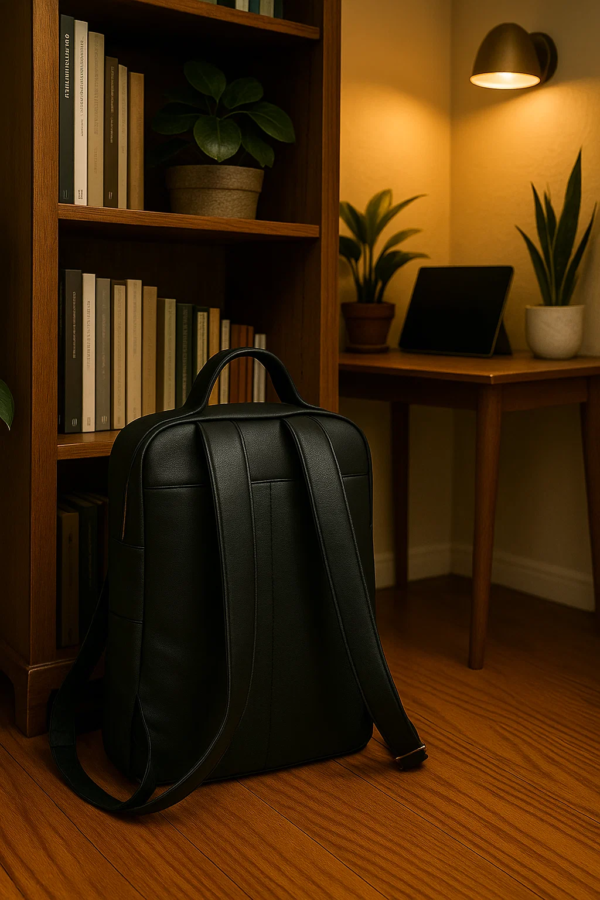 backside of black convertible leather backpack with visible stripes