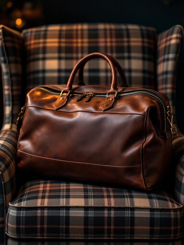 duffle bag in brown leather on chair