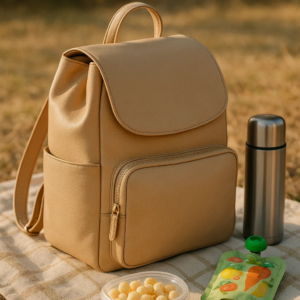 a diaper leather backpack on a picnic spot