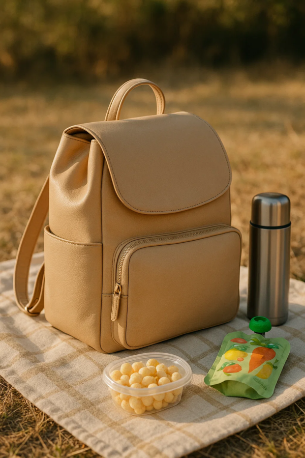a diaper leather backpack on a picnic spot