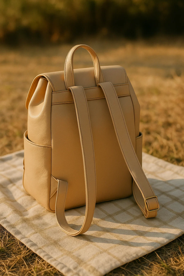 backside of the diaper leather backpack on a picnic spot