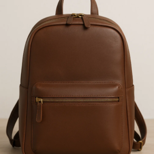 the rich brown leather backpack on the floor