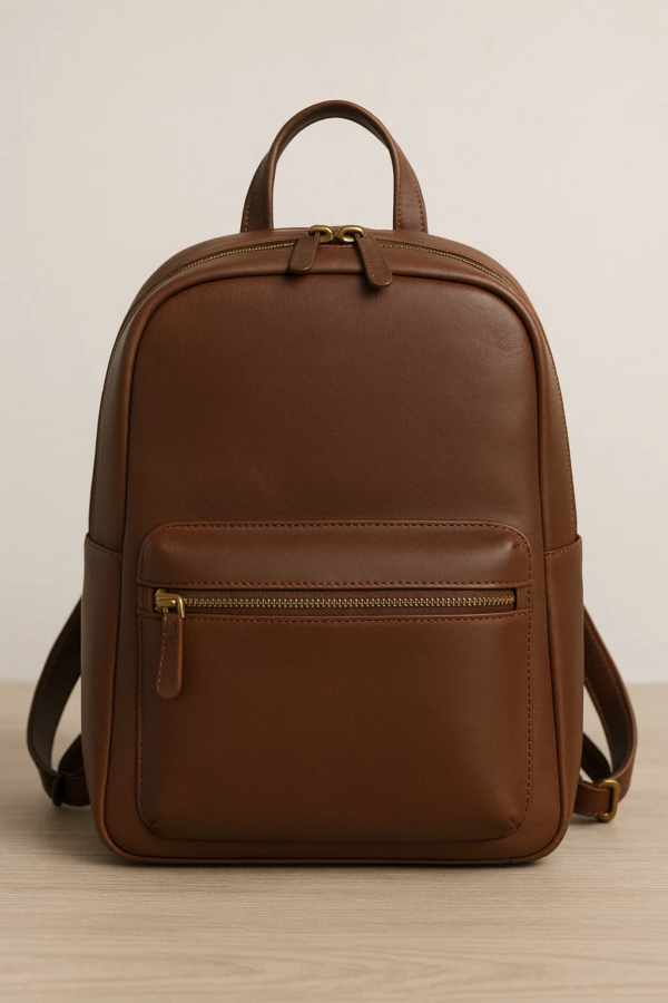 the rich brown leather backpack on the floor