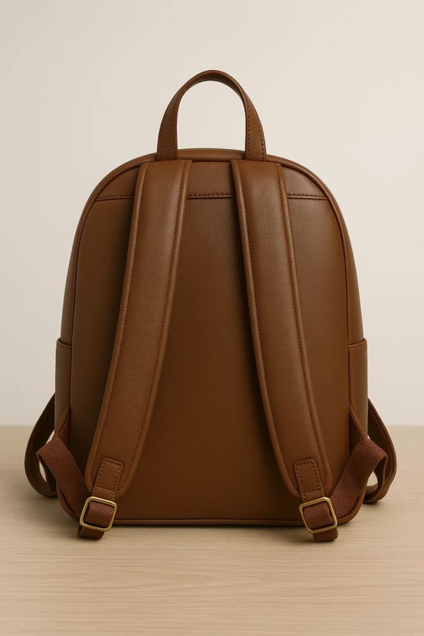 backside of the leather rich brown backpack