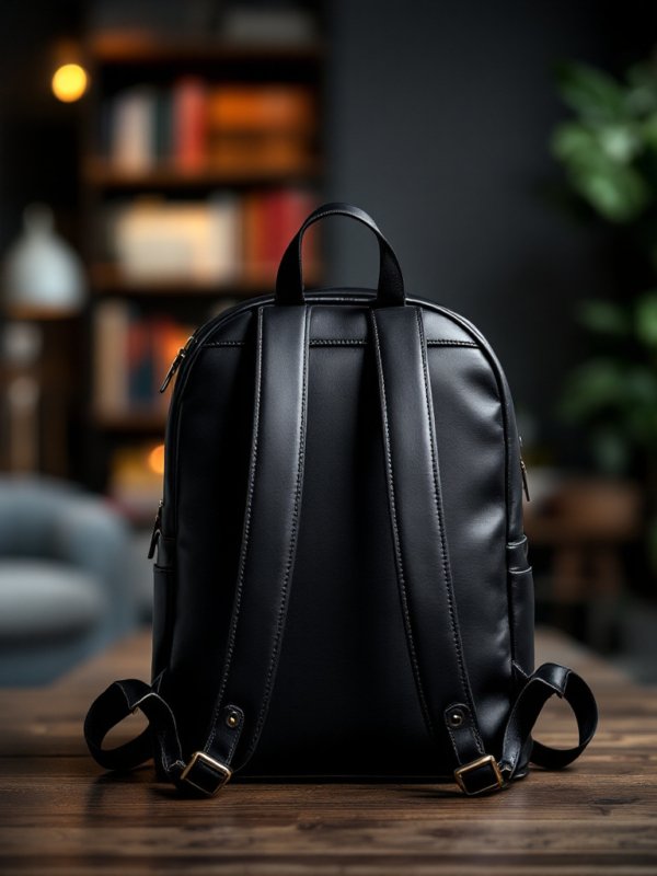 backside of the leather mini backpack in black