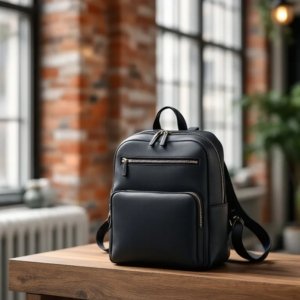 small leather backpack in a cafe