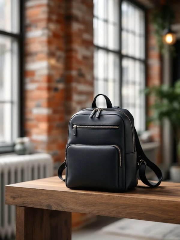 small leather backpack in a cafe