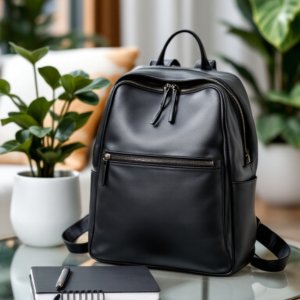 black leather vegan backpack on the table