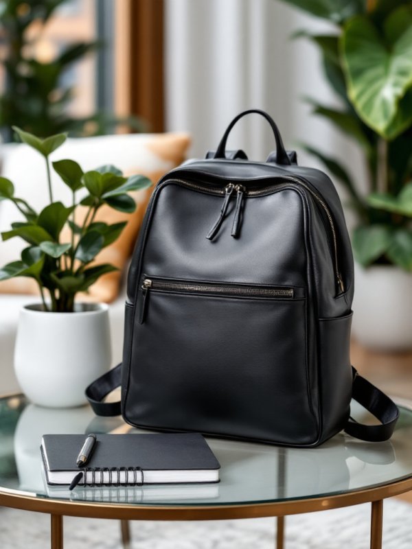 black leather vegan backpack on the table
