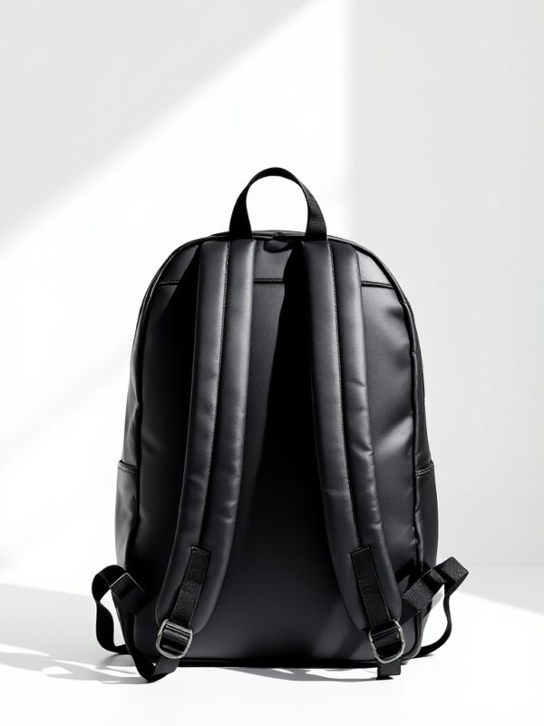 black leather vegan backpack against the white wall