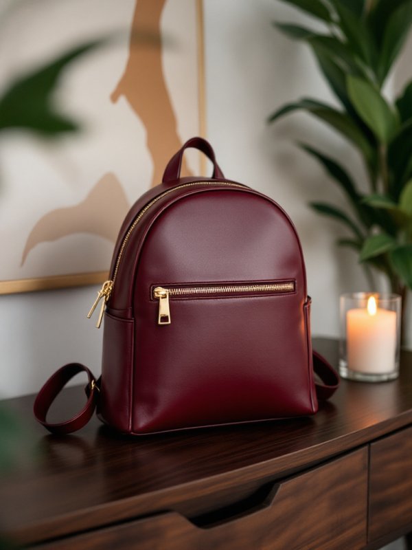 red mini leather backpack on a table