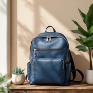 blue vegan leather backpack against the wall