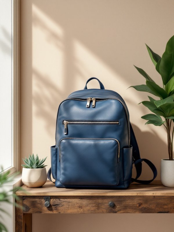 blue vegan leather backpack against the wall