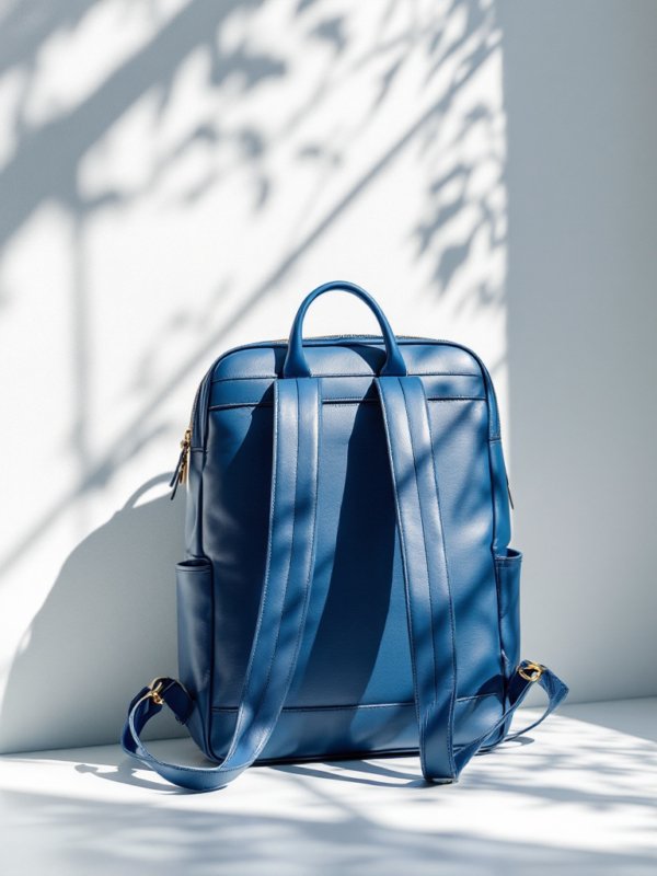 backside of the blue vegan leather backpack