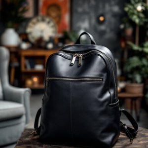 black leather backpack placed on table