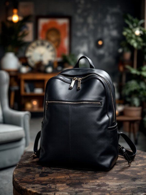 black leather backpack placed on table