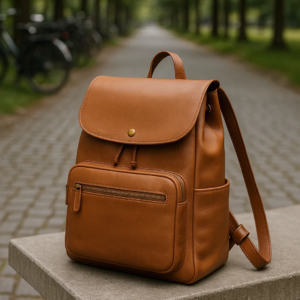 a brown leather convertible backpack on a table at road track