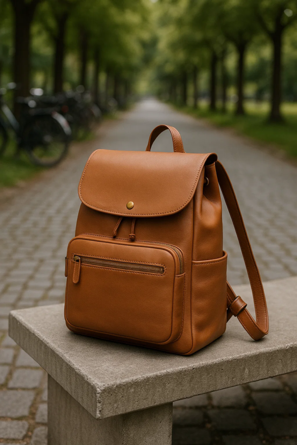 a brown leather convertible backpack on a table at road track