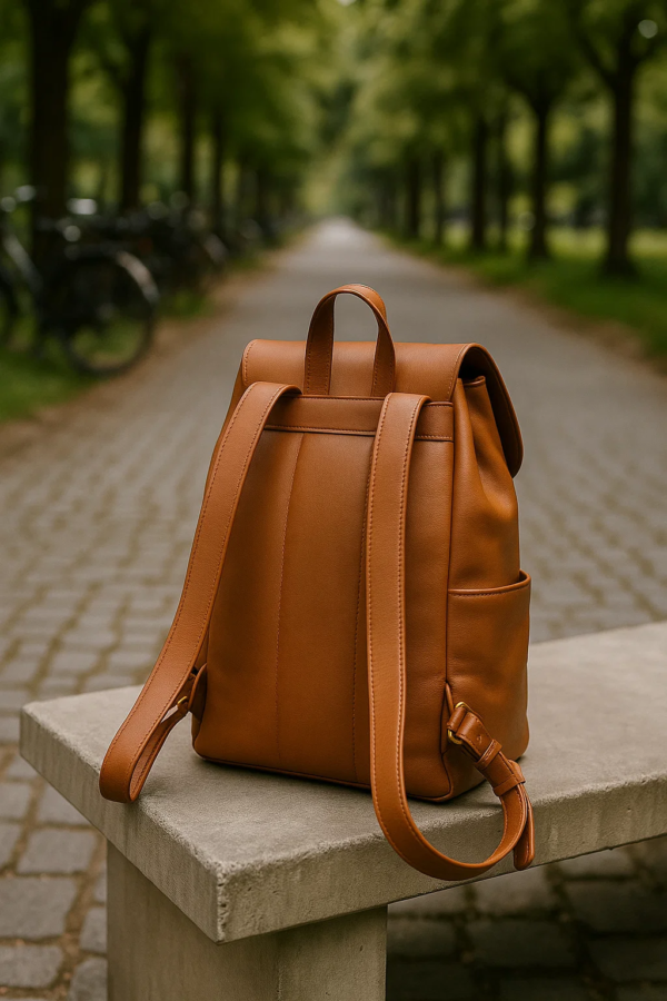 backside of the brown leather convertible backpack