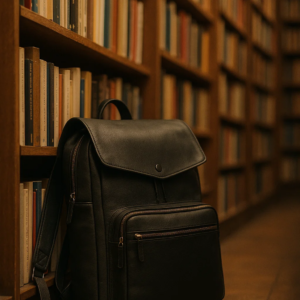 black leather convertible backpack against the bookshelf