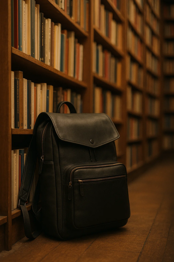 black leather convertible backpack against the bookshelf